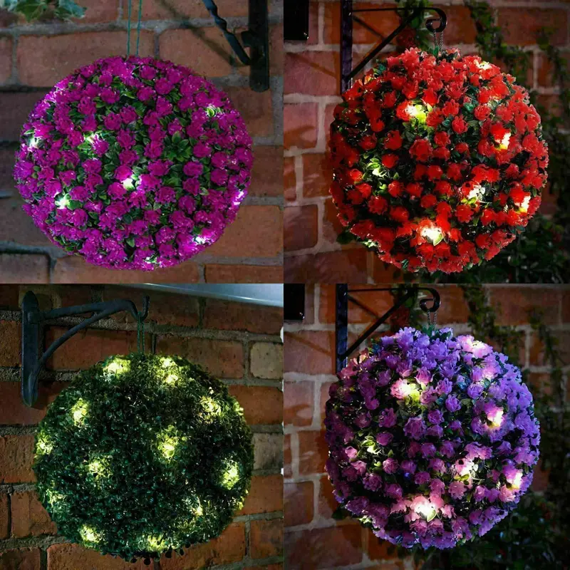 New Solar Powered Topiary Ball Lights - 27cm Topiary Balls with 20 Solar LED Lights - Garden Ornament Hanging Sphere Decoration - Wedding Artificial Plant - Backyard Balcony Garden Decor (Red) 4
