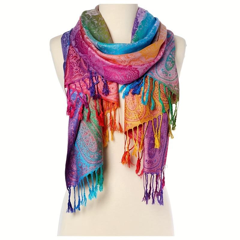 Women's Elegant Paisley Jacquard Scarf, Colorful Fringe Shawl, Versatile Inelastic Wrap For Travel, Photography, Mardi Gras 1