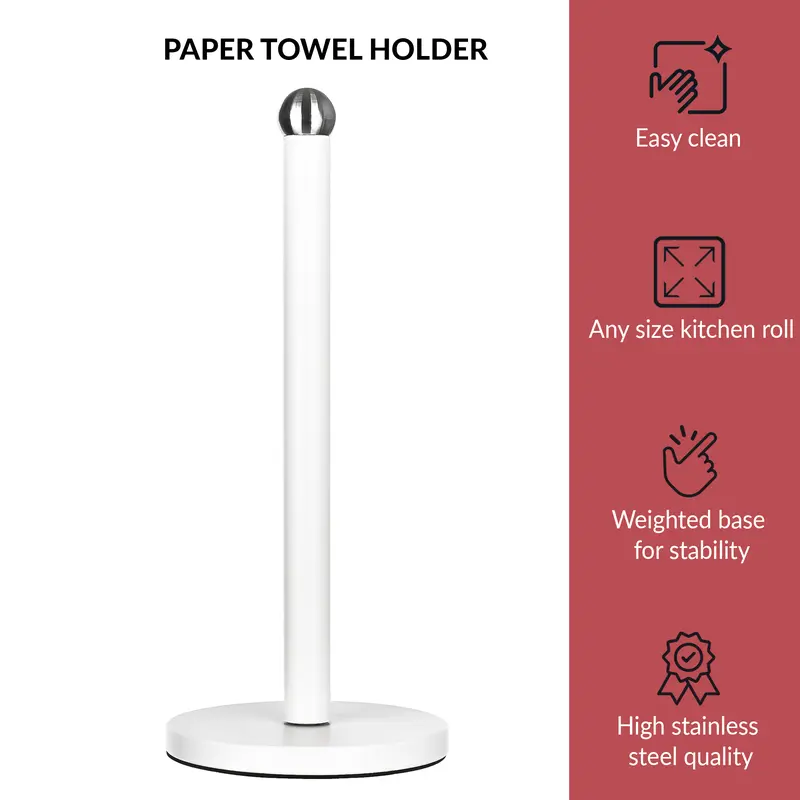 White Kitchen Paper Towel Holder - Free Standing, Stable Base, Stainless Steel - Modern Round Design 3
