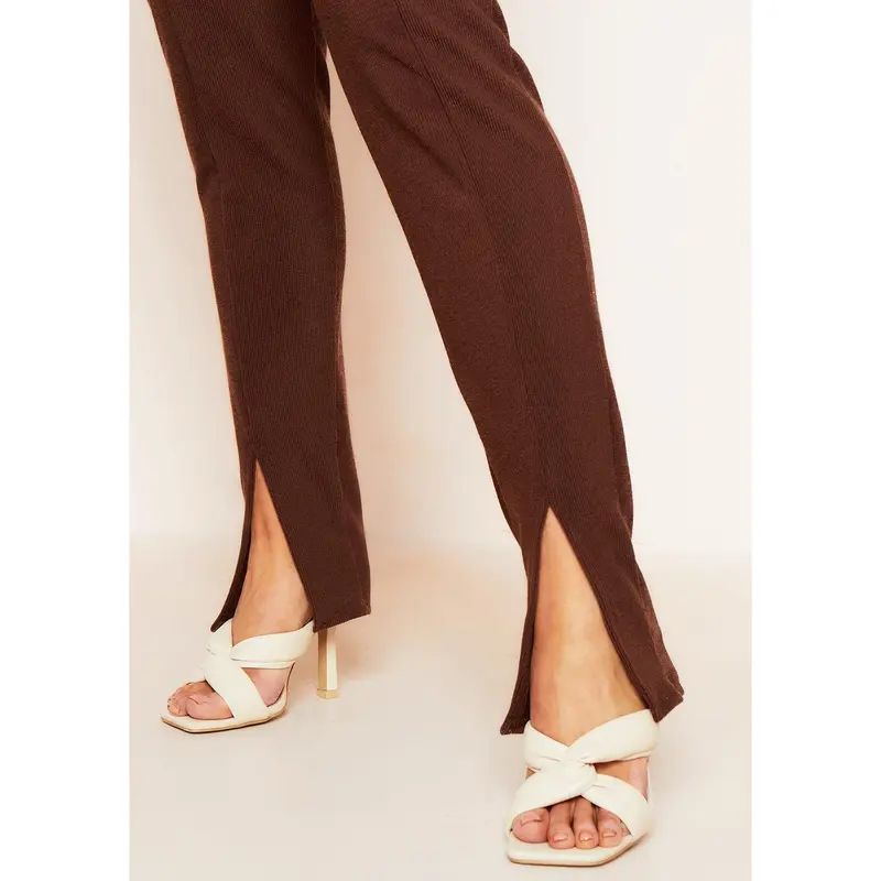 Jaz Chocolate Ribbed Split Front Leggings 2