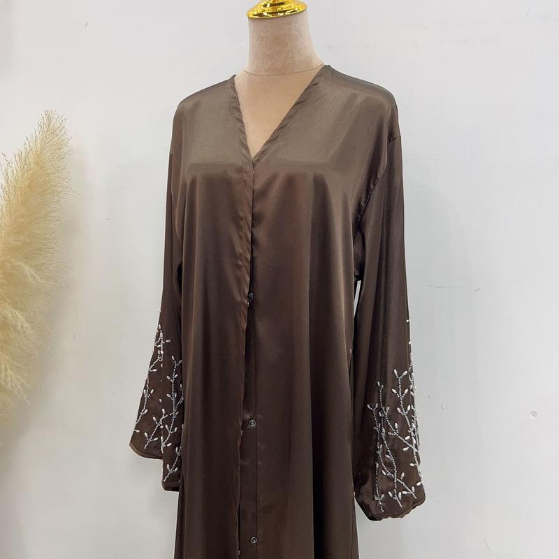 Product Introduction of HS1024 1pcs Satin Cardigan Handmade Beaded Dress Abaya 11