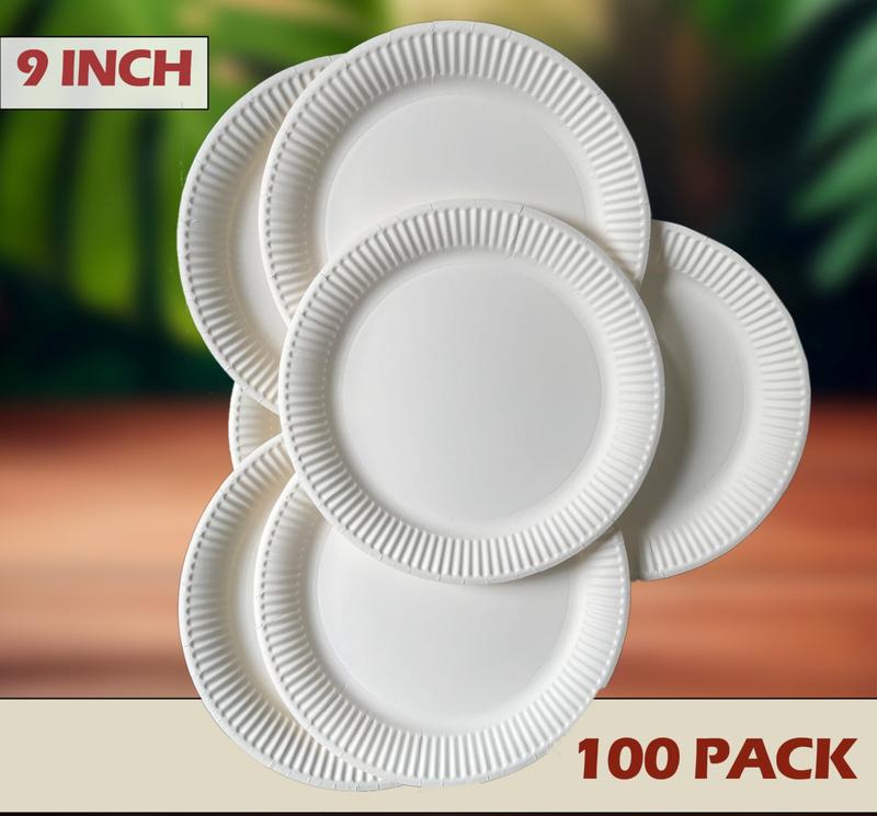 White Paper Plates 100 - 9 Inch Party Plates, 23 cm Picnic Plates - Strong Disposable Plates for Hot Food - Disposable Tableware for Birthday, Office, or Home Party Food 2