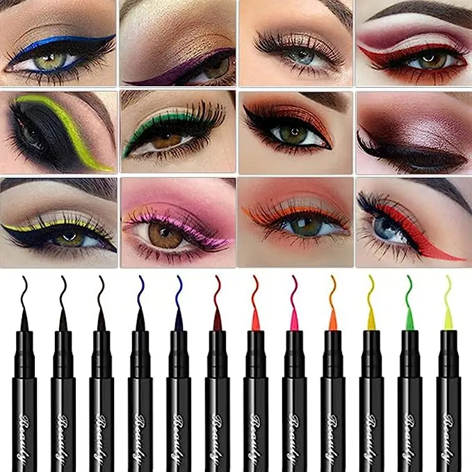 12 Colours Liquid Eyeliner - Smudge Proof, Long Lasting, Highly Pigmented Water Proof Matte Coloured Eyeliner Set - Eyeliner Pencil for Women Makeup