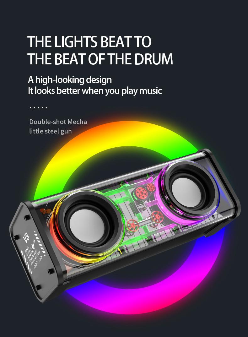 Product Introduction of New transparent dazzle colour light bluetooth speaker V8/small steel cannon bass/support tandem mecha 7