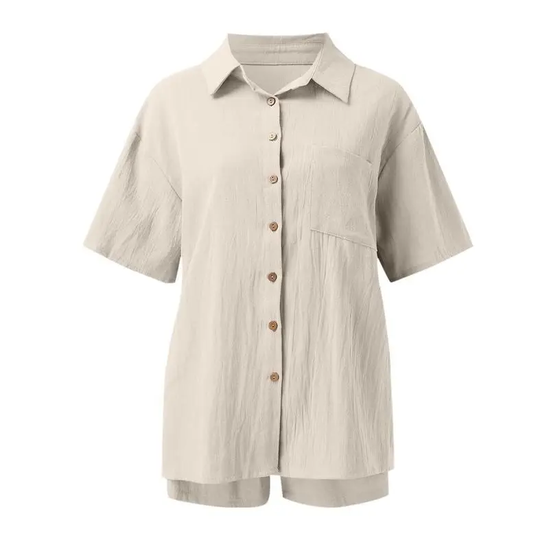 Two-Piece Set Womenswear Solid Button Front Shirt & Drawstring Waist Shorts Set, Comfort Short Sleeve Summer Tops & High Waist Shorts, Back To School Minimalist Co-ords, Ladies Summer Outfits 2025, Holiday Outfits 2024, Y2k Outfits Streetwear. Daily Wear 4