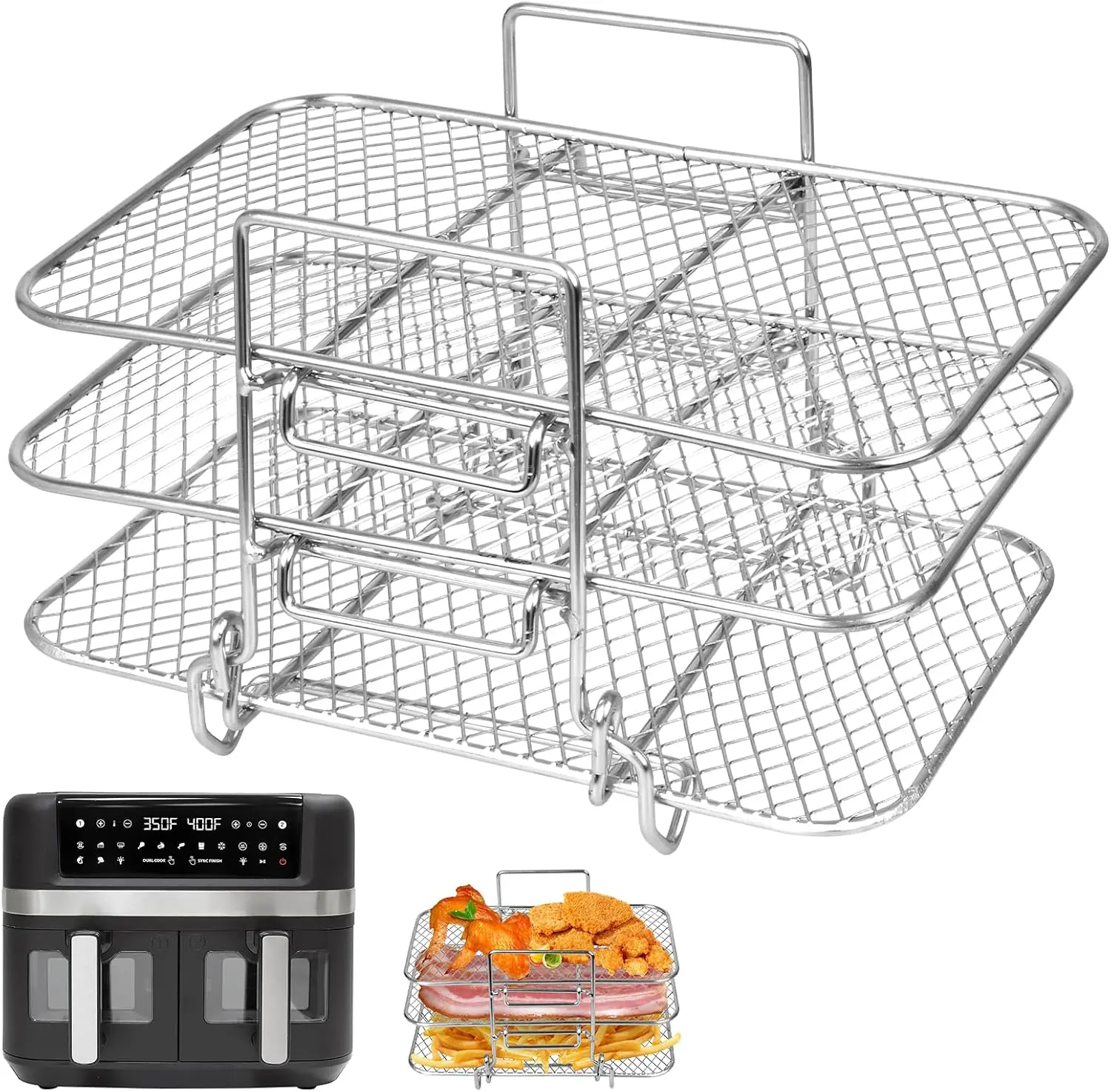 Air Fryer Rack, 3 Layer Stainless Steel Cooking Racks, Rectangle Air Fryer AF300UK AF400UK Accessories, Stackable Grill Shelf Rack for Ninja Tower Dual Drawer Fryer