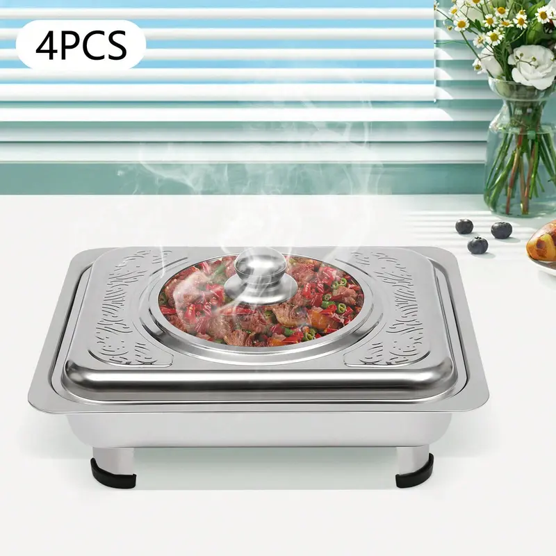 4X Buffet Tray Chafing Dish Food Warmer Rectangular Food Plate Stainless Steel, Ideal For Parties, Events, Buffets, Picnics, Weddings, Banquets, And Other Professional Catering Services Or Home Use 7