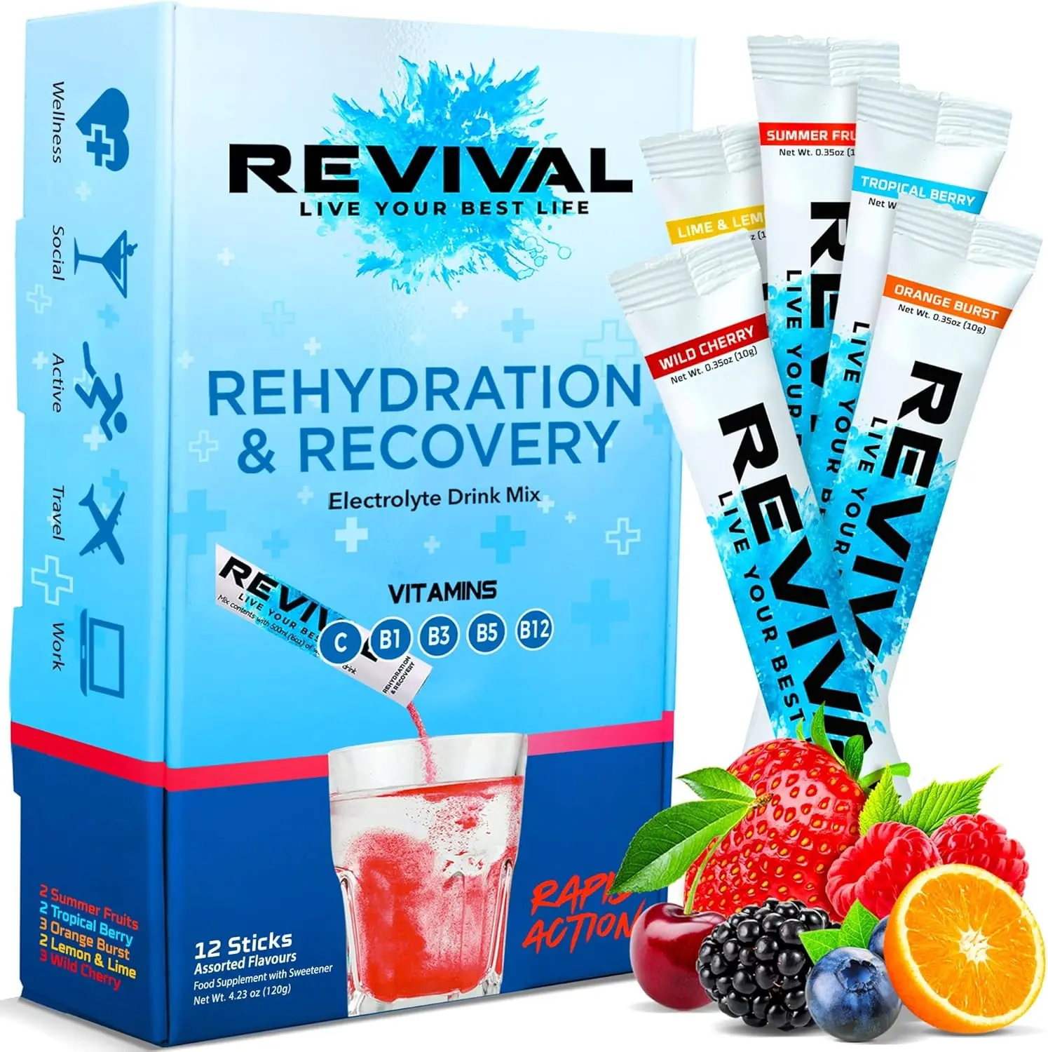 Revival Electrolyte Powder With Vitamin C, B1, B3, B5, B12 - Concord Grape Sachets (6 Pack) - Dietary, Healthcare