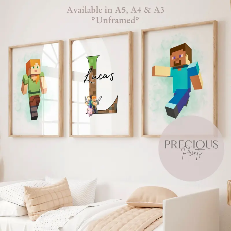 Set of 3 Personalised Minecraft Posters / Gaming Posters / Gaming Prints / Boys bedroom Print Decor Glossy Ornaments Decoration 0
