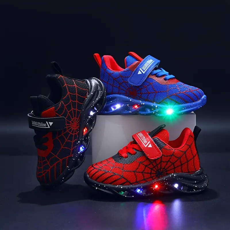 MGO Kidss LED Light Up Sneakers for Boys and Girls, Casual Sports Shoes with Luminous Spider Web Design, Mesh Upper and Fabric Inner, PVC Sole, Round Toe, Low Top, Spring/Fall and All-Season Wear, for Ages 1-6 0