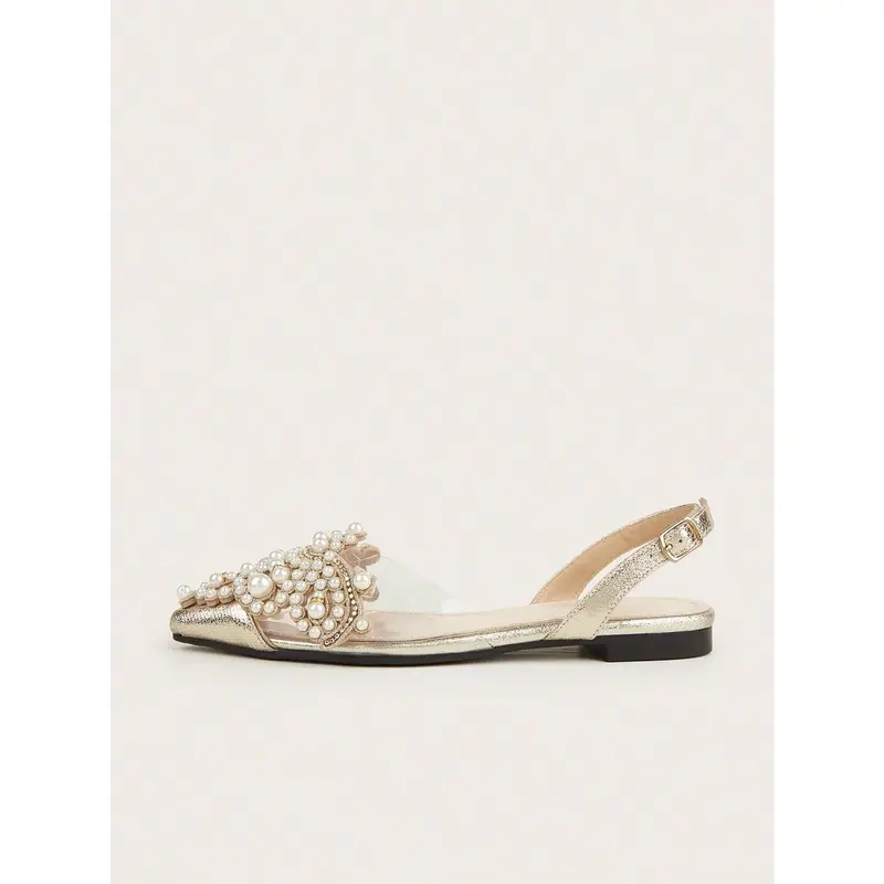 Women Faux Pearl Decor Point Toe Slingback Flats, Fashion Outdoor Flats Footwear Walking Shoes 2