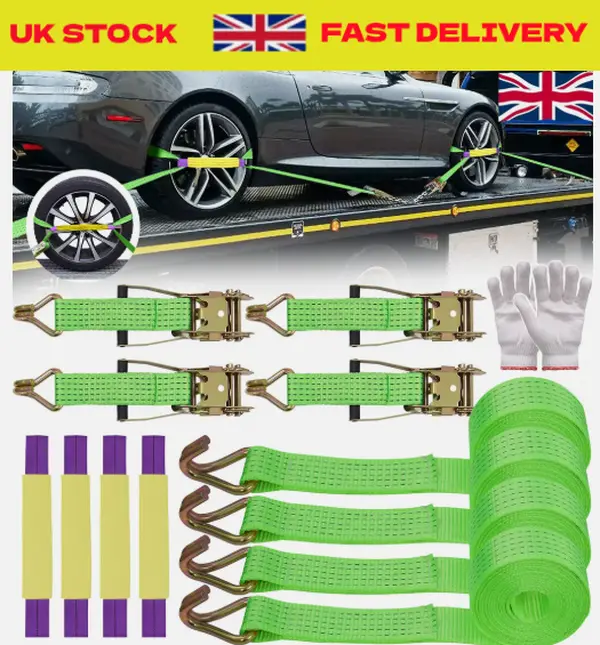 4x Wheel Ratchet Strap Recovery Transport Trailer Car Van Truck Vehicle Tie Down