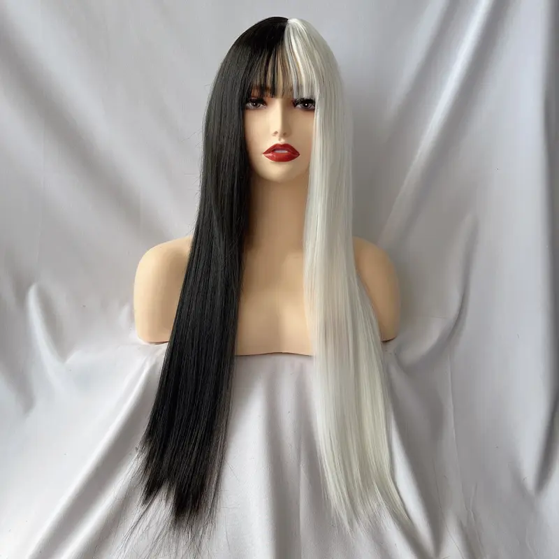 Woven Wigs Women's High Temperature Fiber 100% Straight Hair Cosplay Wig with Air Bangs, Buckle Net Cap, Full Head Coverage, Party Festival Daily Wear 5