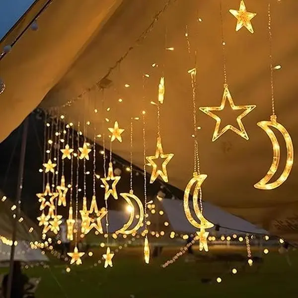 3.5m Star Moon LED Curtain String Light for Ramadan, Wedding, New Year Decor - Battery Powered