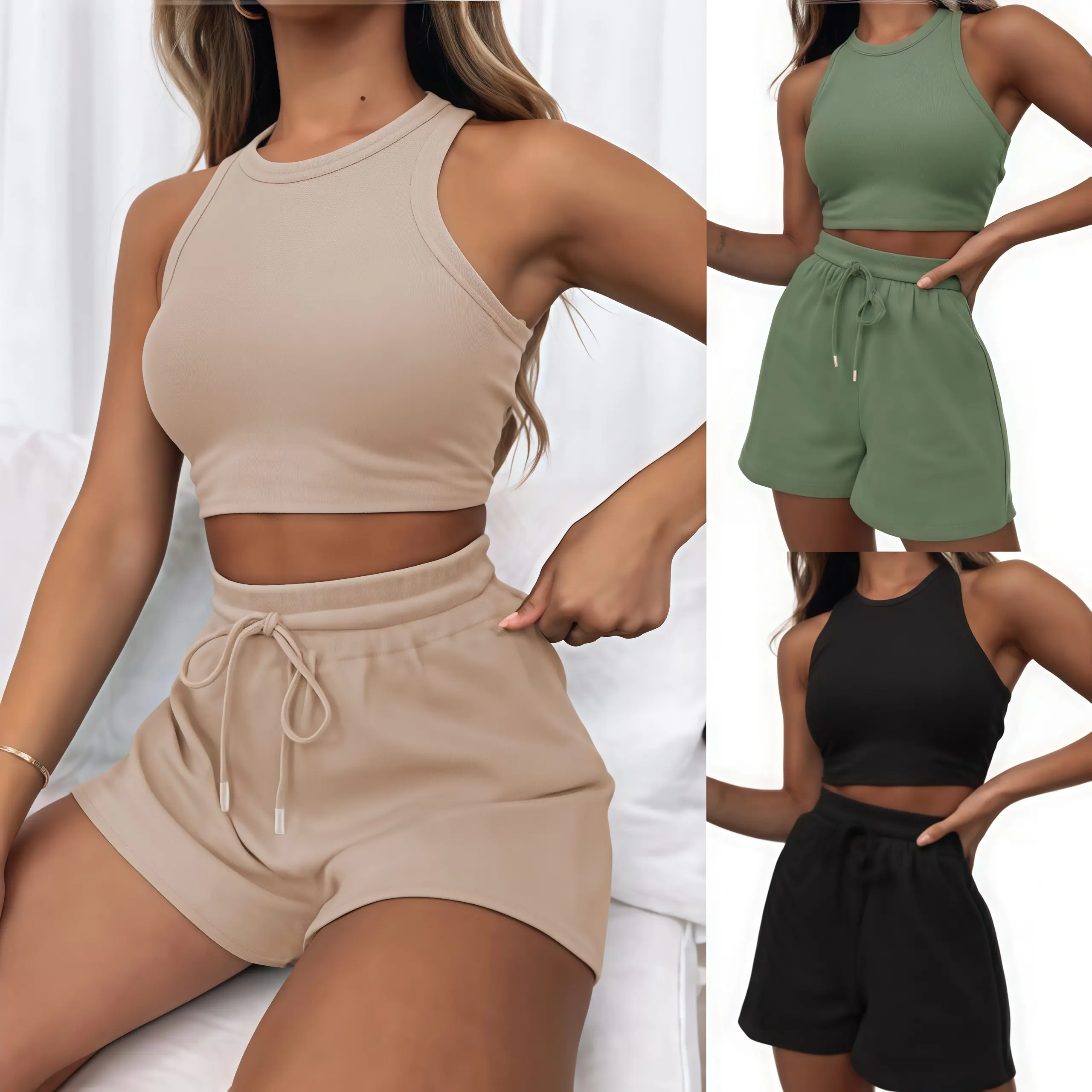 2025 Summer New Sleeveless Waffle Suit Solid Color Vest Fashion Casual Short 2-piece Suit for Women