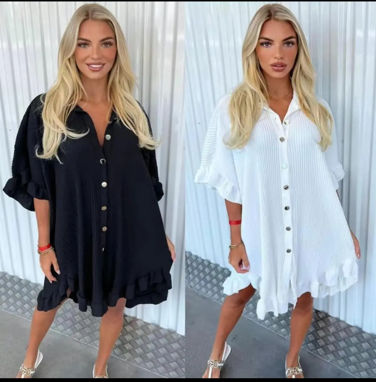 Ladies Gold Button Long Line Pleated Plisse Frill Ruffle Short Sleeve Hem Collared Baggy Oversized Style Tunic Shirt Summer Holiday 8-20 Size