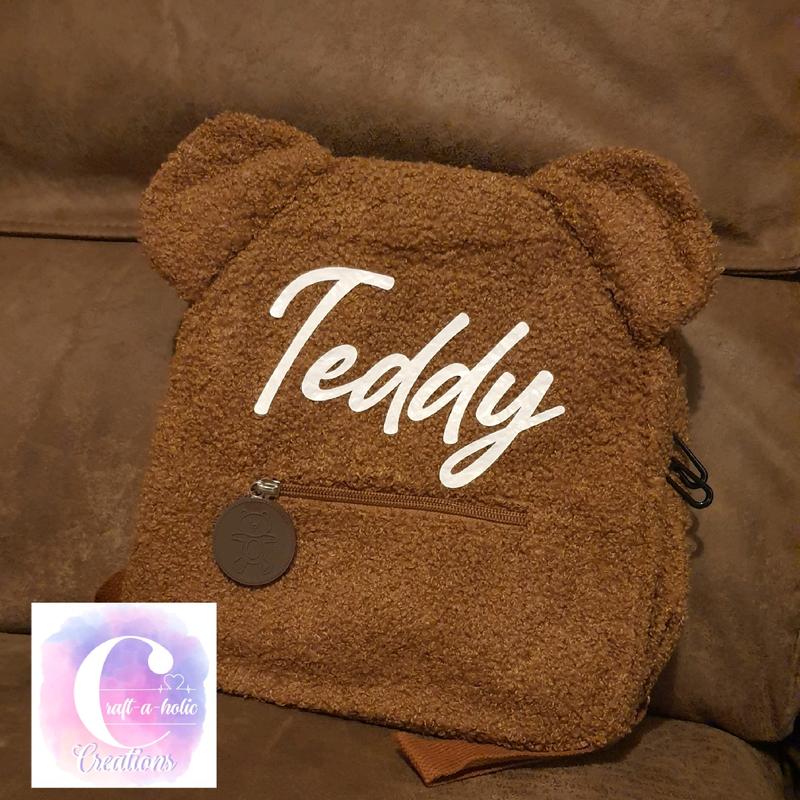 Personalised Teddy Bear Bags Plain Brown Fluffy Kids School Nursery Backpack Name, Gift, Accessory Fashion, Cute, Adjustable Straps, Various Colours, Fonts and Finishes 3