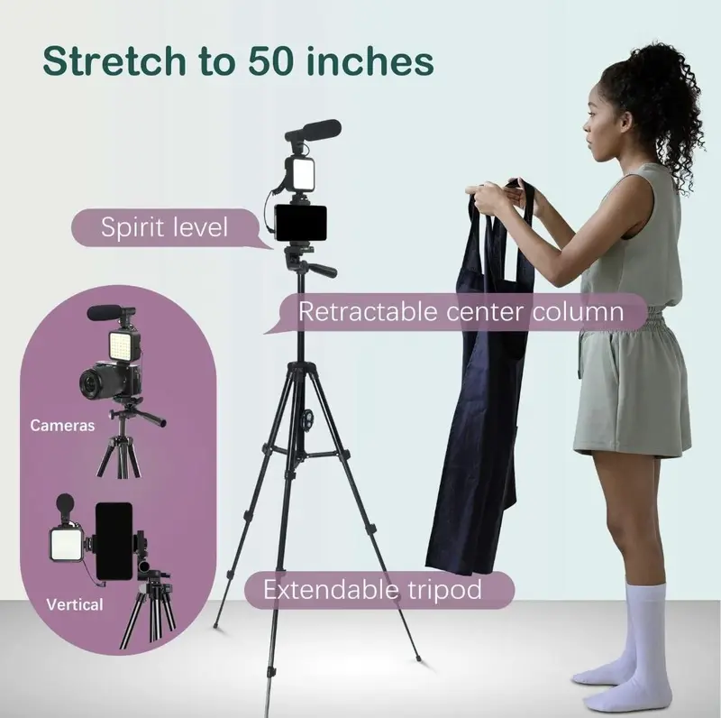Smartphone Video Vlogging Kit with LED Light, 1 Piece Starter Kit with Mini LED Light & Cardioid Microphone & Phone Clip & Tripod for Live Broadcasting, Video Calling, Compatible with iPhone, Android Accessories Compact Selfie Recording 1