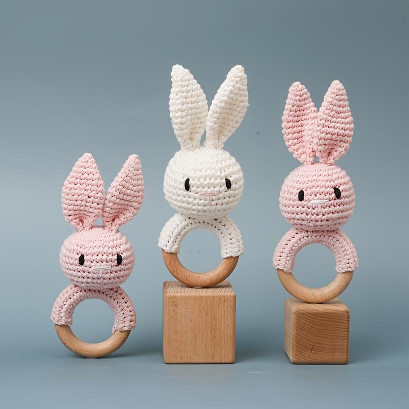 Product Introduction of Crochet Rabbit Baby Rattle, Cute Rabbit Grasping Toys, Baby Gnawable Wooden Hand Rattle, Hand Rattle Toy Gift Box, White Pink Blue Brown, with Christmas & Easter Gift 1