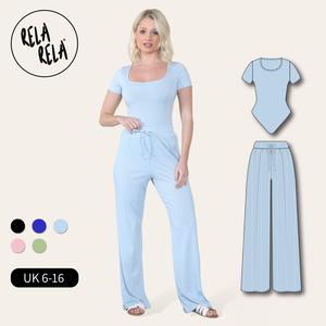 RELA RELA Scoop Neck Bodysuit & Wide Leg Trousers Co-Ord UK 6-16 Basic Comfort Fabric Short Shortsleeve Womenswear Casual Chic Clothing Comfortable Cute
