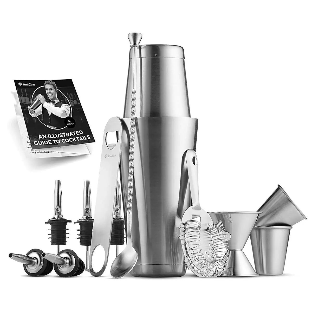 Expert Cocktail Shaker Home Bar Set - 14 Piece Stainless Steel Bar Tools Kit with Shaking Tins, Flat Bottle Opener, Double Bar Jigger, Hawthorne Strainer, Shot Glasses, Bar Spoon, and 6 Pour Spouts.