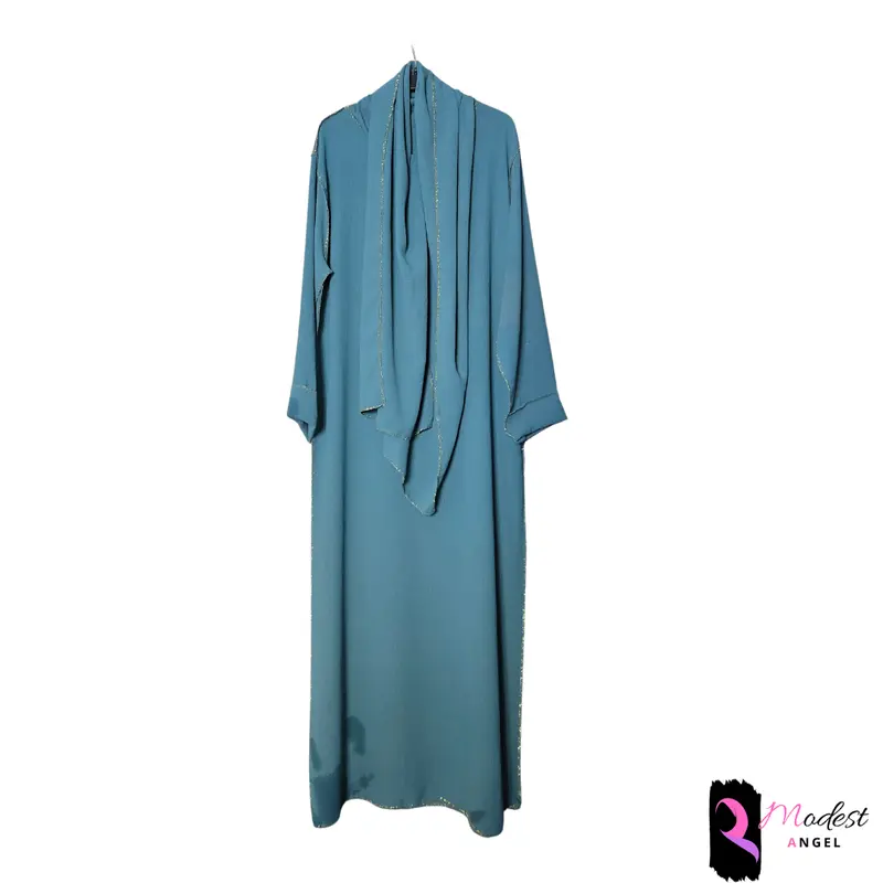Gold stitch abaya maxi dress attached scarf in 12 colors beige pink dark turquoise black olive green caramel sapphire blue brown grey dark grey bottle green cream light cobalt blue modest islam comfort muslim clothing islamic clothing long sleeve solid mi 1