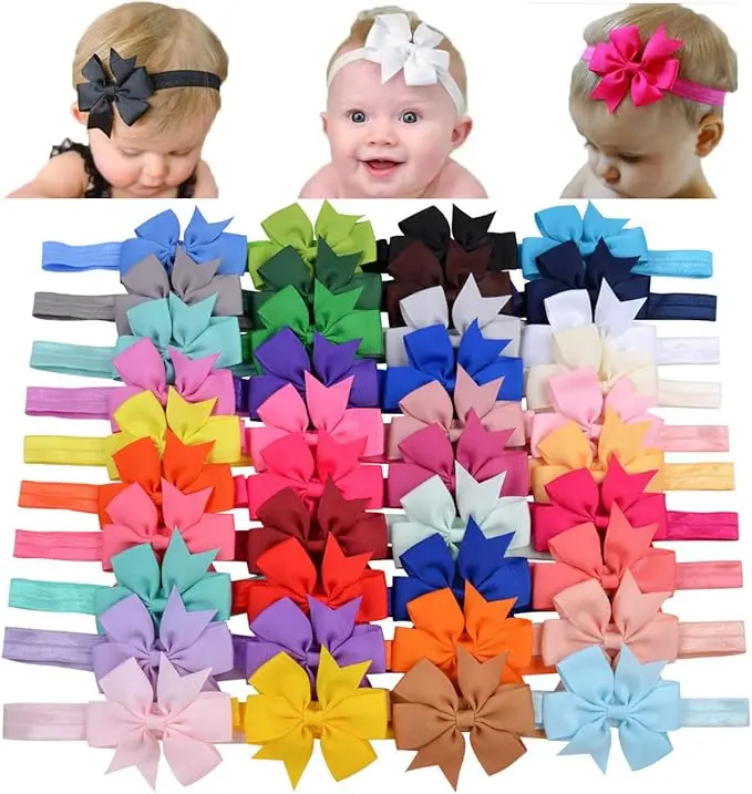 40pcs Baby Girls Grosgrain Ribbon 3" Hair Bows Headbands Hair Band Hair Accessories for Baby Girls Infants Newborn Toddler