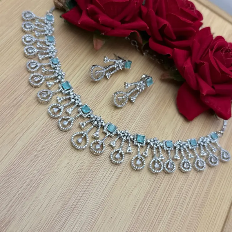 AD160 Mint Green White Stone American Diamond Necklace Earrings Set 3