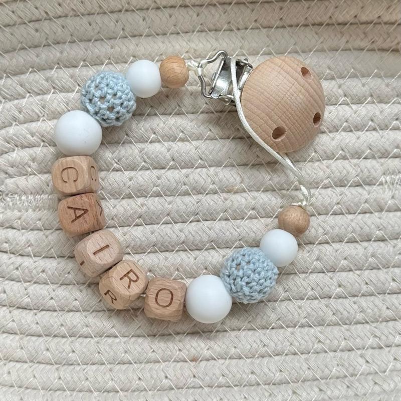 Personalised dummy clip baby boy - silicone and wooden beaded - Crochet bead - baby blue white and beige 1