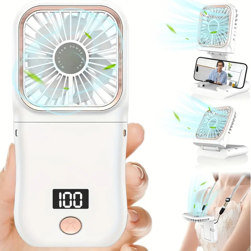 3000mAh USB Rechargeable Portable Handheld Mini Fan with Digital Display, 180° Adjustable, 3-Speed, Ultra-Thin Folding Neck Design for Personal Cooling, Travel, Sports 4