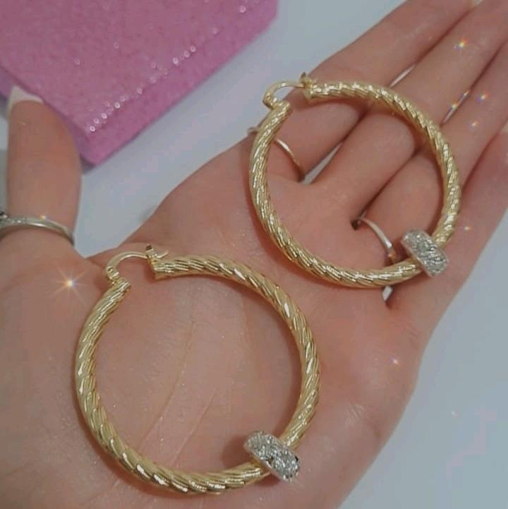 50mm Small Hoops Fine Twist Earrings, Gold Filled With CZ Crystal Balls 1