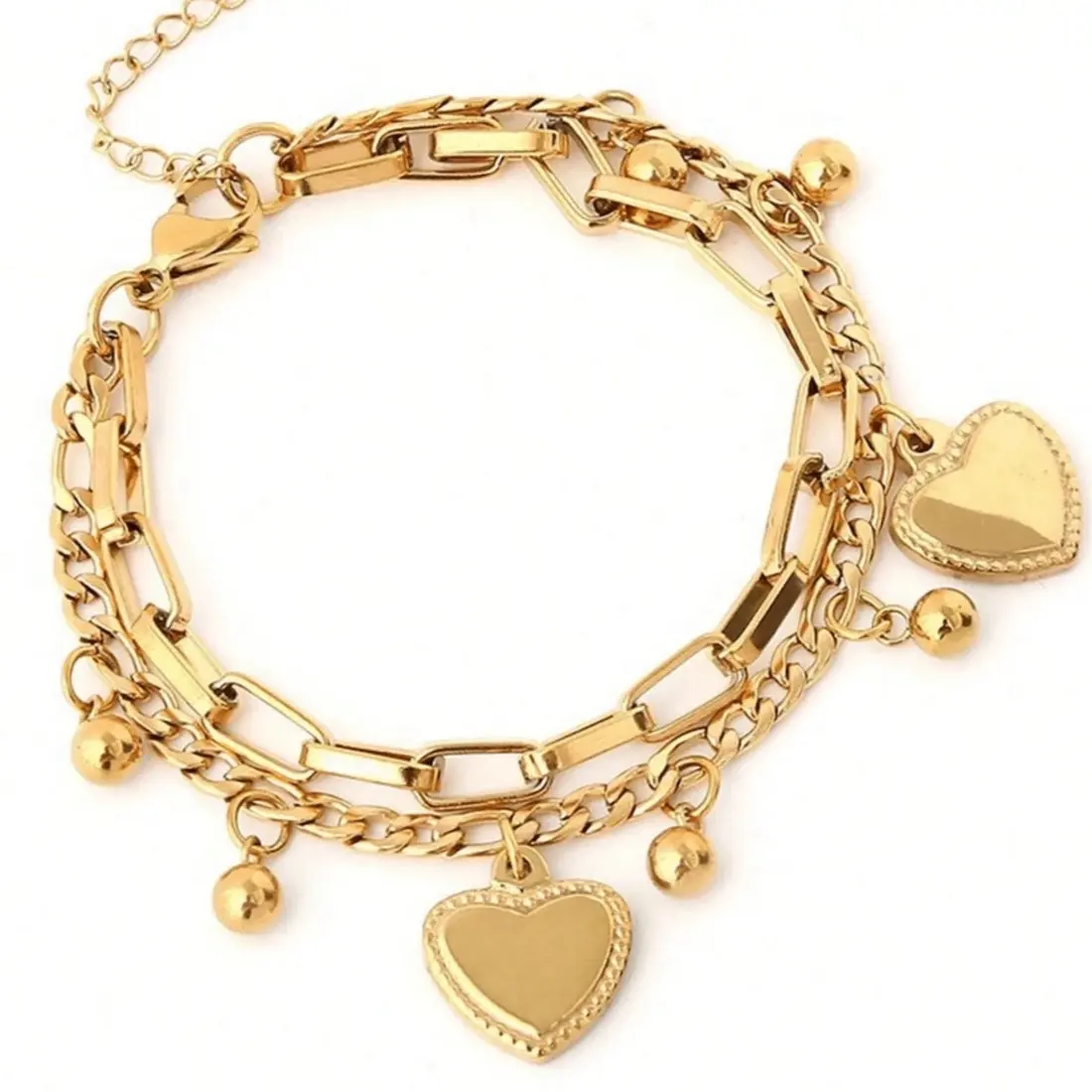 Gold & Silver Heart Charm Chain Bracelet Stainless Steel Non Tarnish
