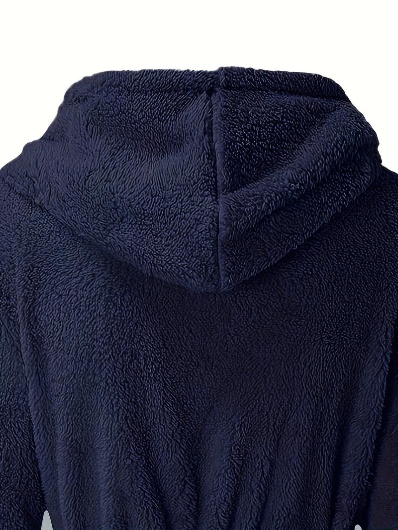 Product Introduction of Men's Solid Winter Plush Hooded Bathrobe, Thickened Warm Long-Sleeve Fleece Loungewear, Simple Casual Style 8