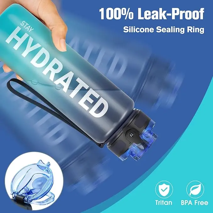 Water Bottle,1000ML Motivational Water Bottle, Sport Drinks Bottle with Times to Drink & Lock Cover, Leak Proof, BPA Free for Gym, School Cup Portable Drinkware Plastic 1