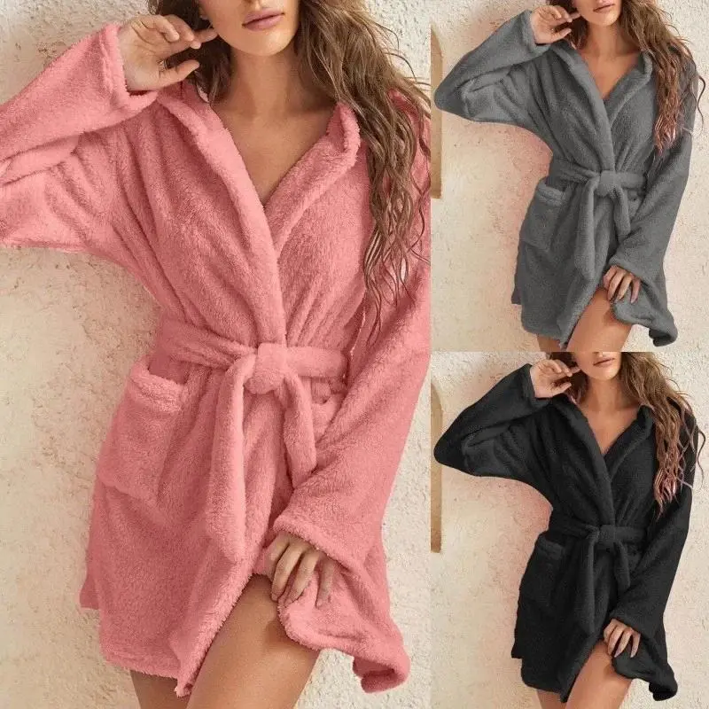 Cross-border Hot Selling 2024 Ebay European American Export Plush Sleepwear Solid Color Hooded Home Warm Bathrobe Women's Winter Womenswear