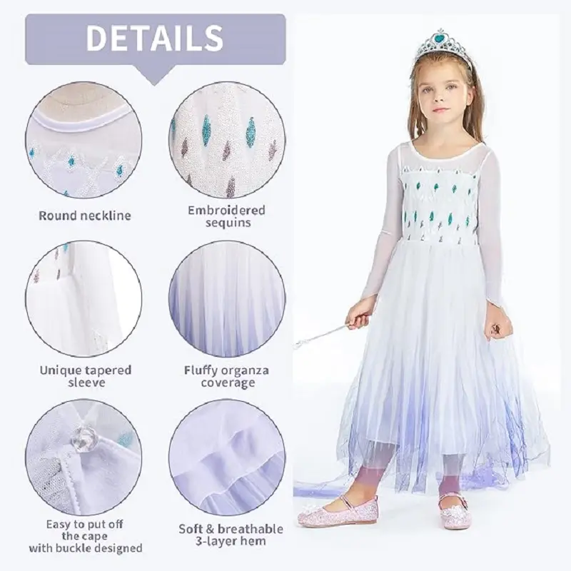 Princess Elsa 2 Dress Set Girl Party Costume Fancy Outfit Crown Wand Necklace Glove WHITE  kids Cosplay Halloween costumes Christmas Gift 3