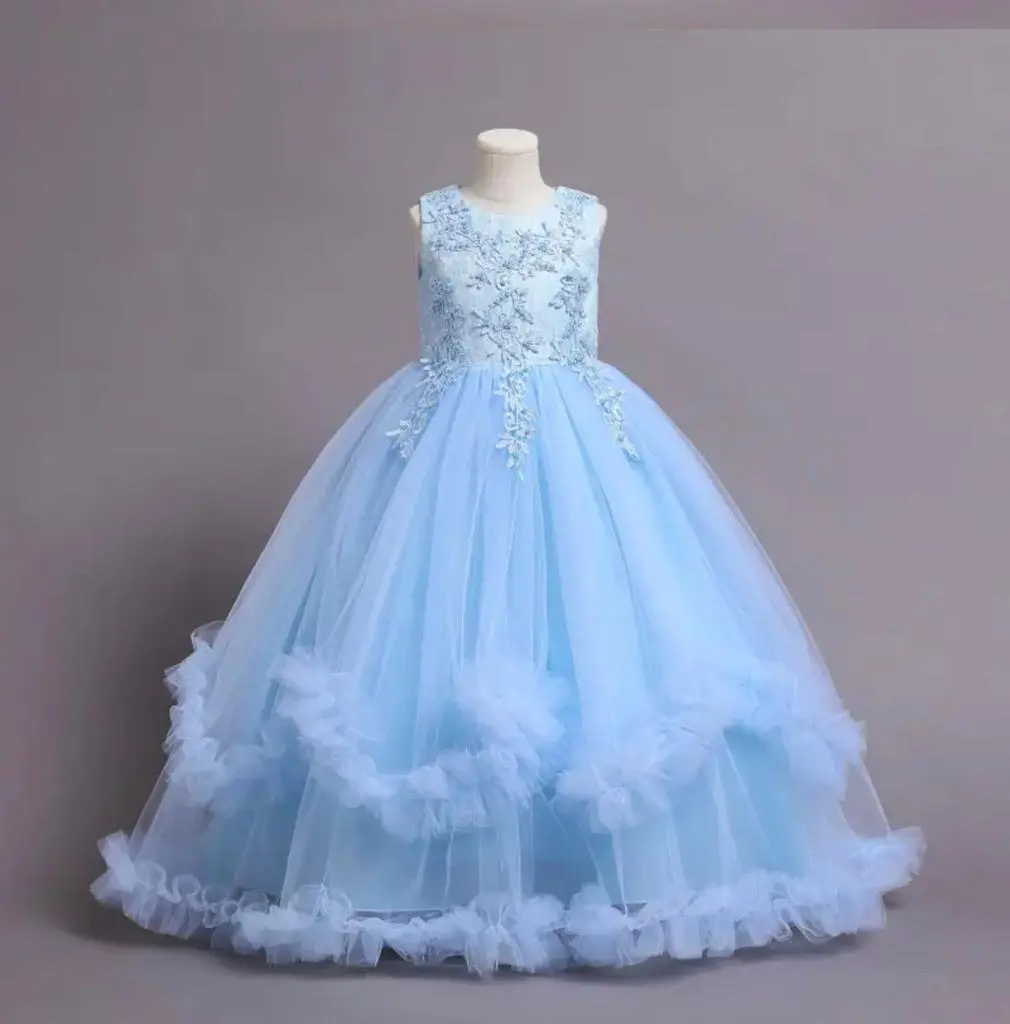 Girl's Princess Party Dress - Size 6 to 7 Years- Satin Tulle - Sky Blue