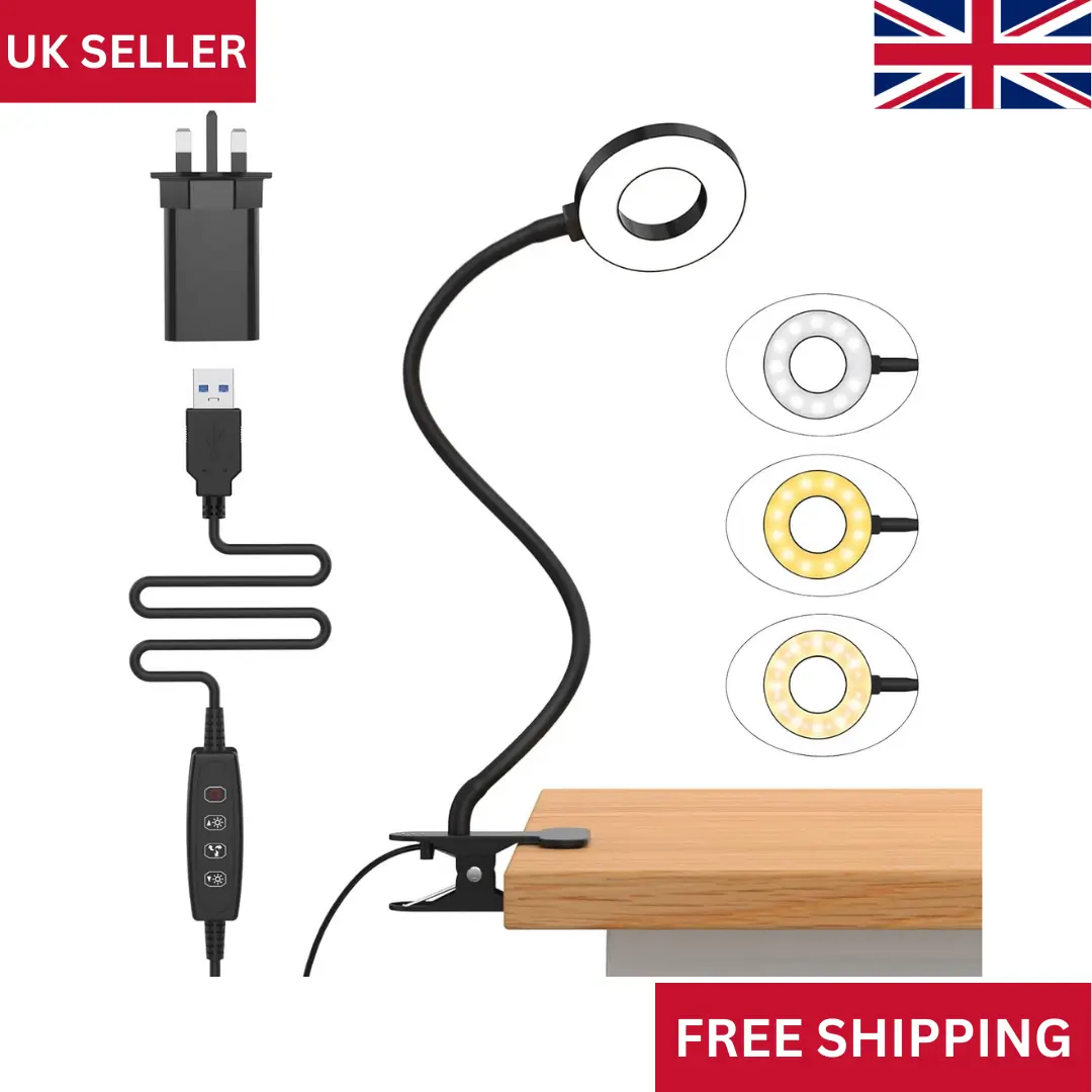 LED Desk Lamp with USB Adapter【3 Color Modes 10 Brightness】 Eye Caring Clip on Clamp Light, 40cm Flexible Gooseneck Book Ring Light for Gaming/Video Conference/Reading, Clip on Table, Headboard