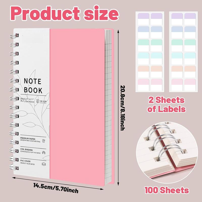 Thxes 2 Pack Notebook A5 Lined, 400 Pages A5 Notepad Spiral Notebook, 100GSM Thick Paper for Women Men Office School, 24 Labels, 14.5 X 21 cm 2