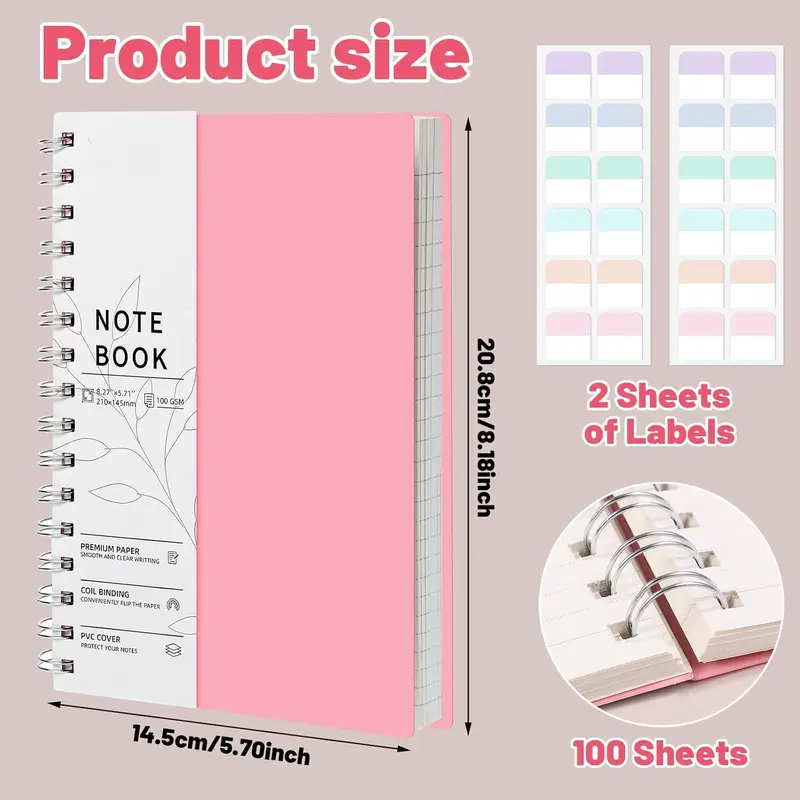 Thxes 2 Pack Notebook A5 Lined, 400 Pages A5 Notepad Spiral Notebook, 100GSM Thick Paper for Women Men Office School, 24 Labels, 14.5 X 21 cm 2