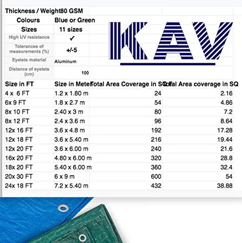 KAV - 1.80 x 2.70M (6x9 FT) Green Strong Waterproof Universal Tarpaulin Tarp sheet in - Ground Sheet Covers For Camping Fishing Gardening Pets  Premium Quality Cover Made of 80 gram 7