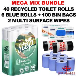 MEGA MIX BUNDLE!! STEP GREEN 40x Recycled Toilet Rolls 3ply, 6 Blue Rolls, 100 Bin Bags, 2 Multi Surface Wet Wipes Disposable Pack