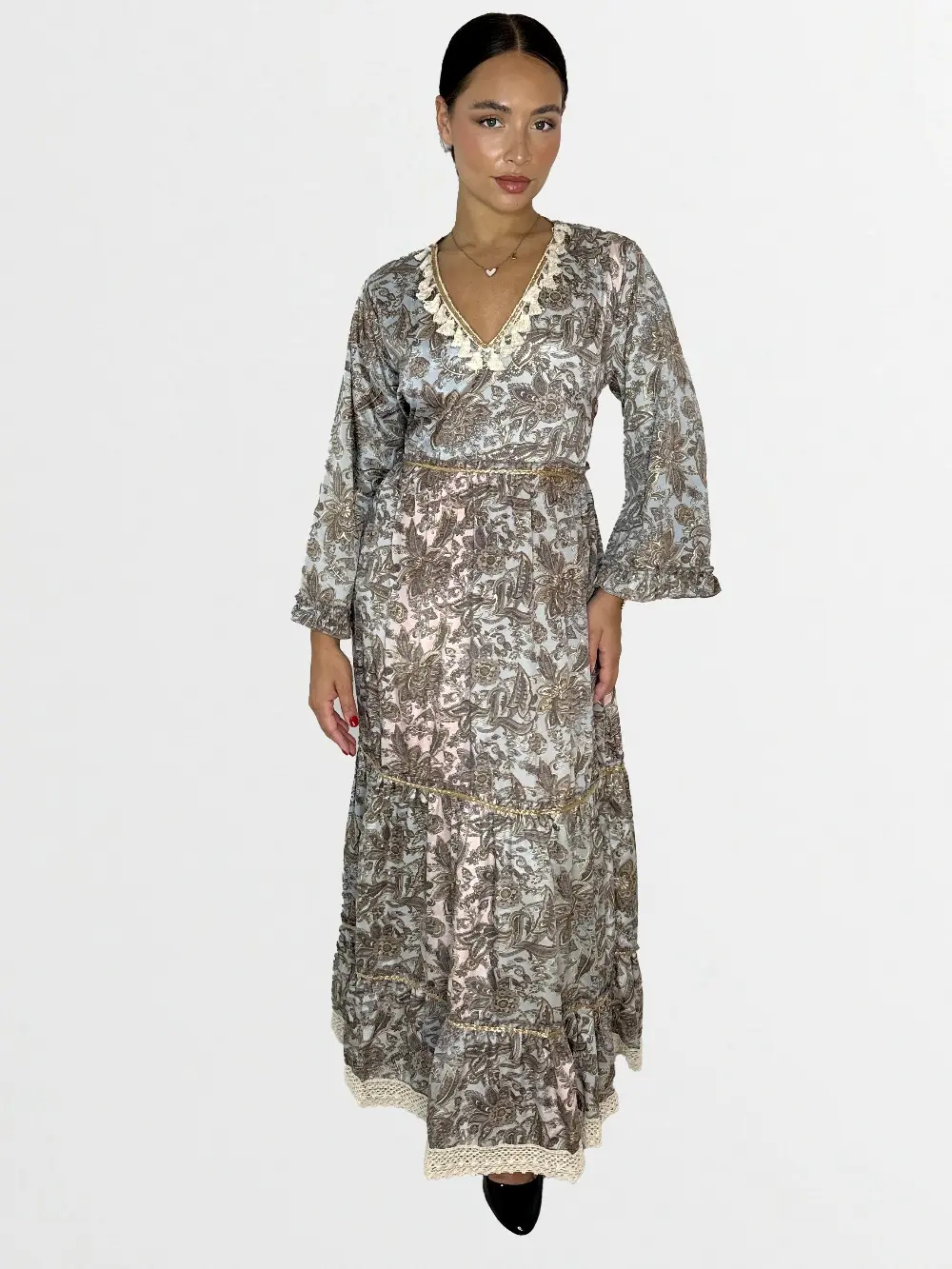 V-Cut Tassel Hem Neck Floral Print Tie Waist Long Sleeve Layered Modest Satin Long Dress Elegant Boho Maxi