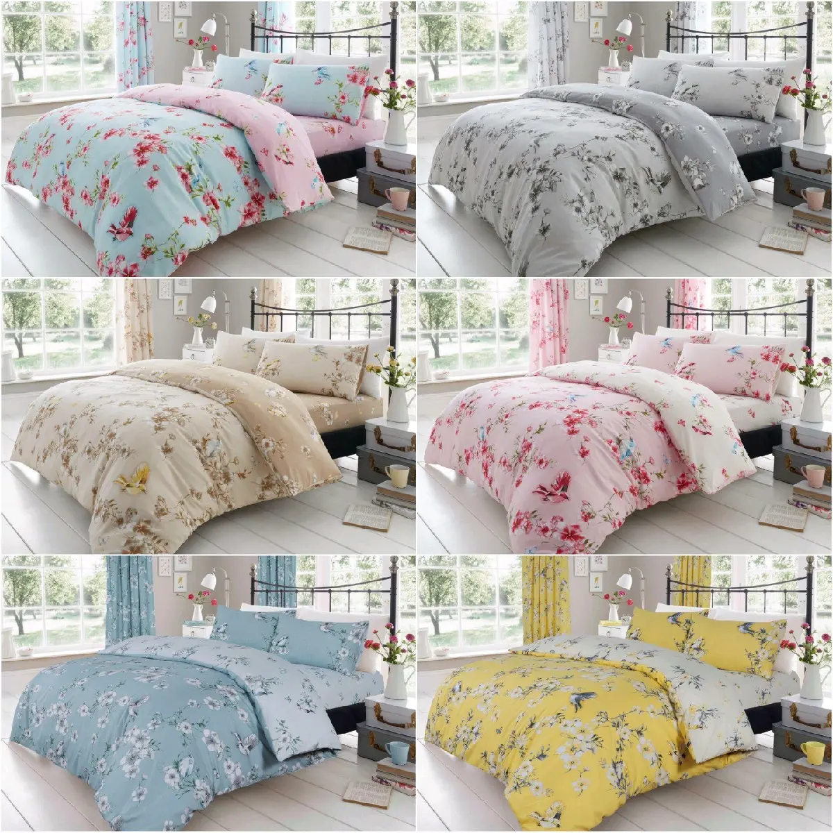 Birdie Blossom Bird Flower Floral Duvet Quilt Cover Bedding Set 6 Colour Bed Sets Single Double King Super King