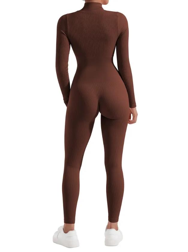 Product Introduction of She Comfy Women's long-sleeved front zipper jumpsuit ribbed high neck workout yoga jumpsuit Comfort 1
