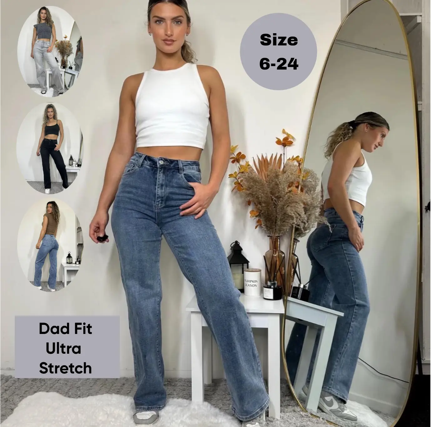 Hot Viral Stretchy Straight Leg Jeans-Dad Fit High Waisted Denim Blue Stretch Comfort Womenswear Bottom Pants Boho Casual