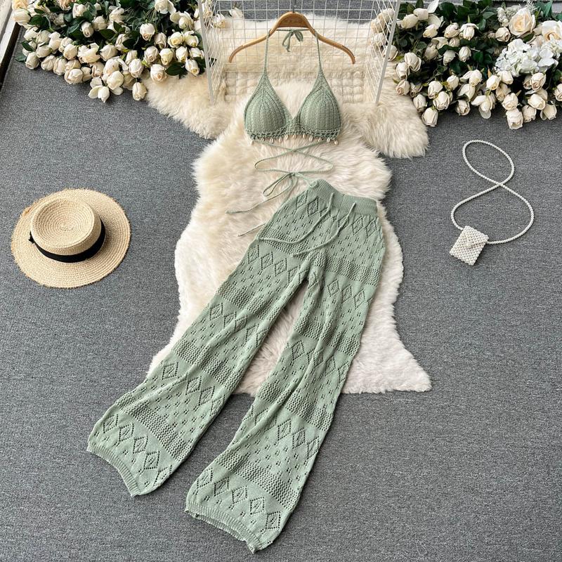 Product Introduction of SINGREINY Women Summer Knitted Set Halter Short Tops+ Hollow Wide Leg Long Pants Sets Shell Beach Sexy Backless Two Piece Suits 13