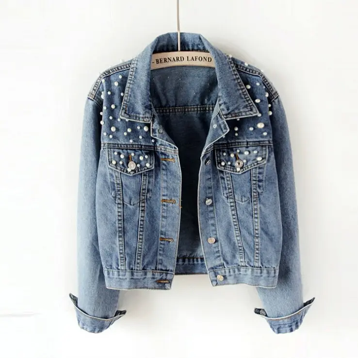 New New Fall Women Pearl Beading Crop Denim Jackets Women Casual Jeans Bomber Jacket Long Sleeve Denim Plus Size Coat