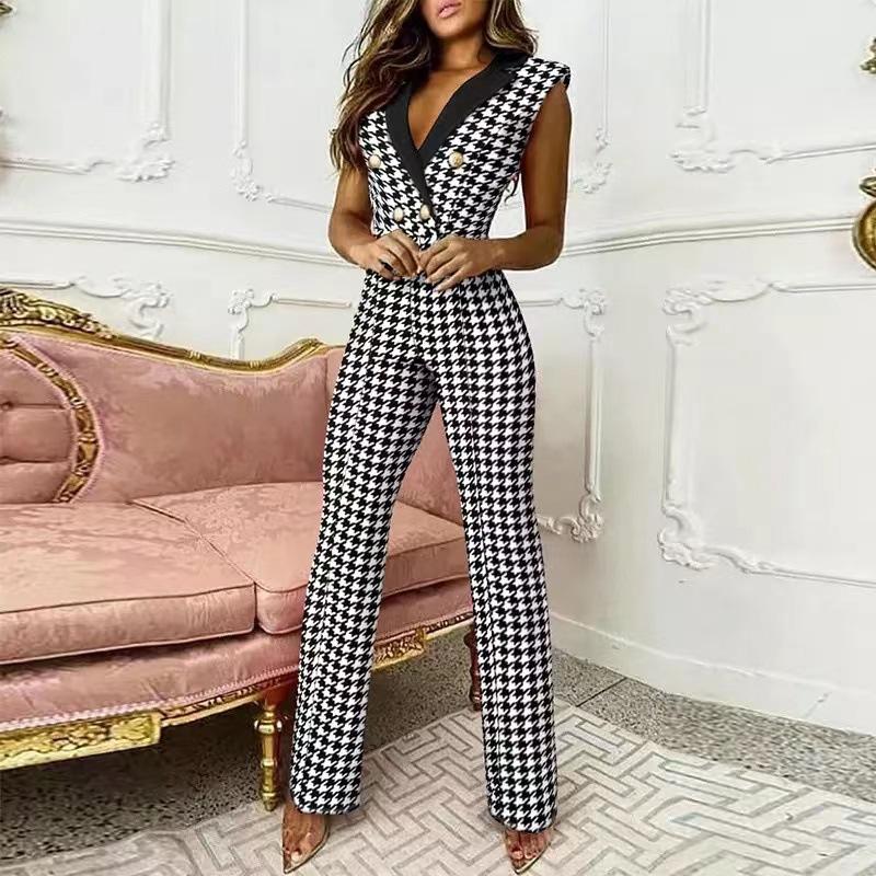 2024 New Elegant Women Plaid Jumpsuit Onepieces Y2K Chic Office Lady Summer Sleeveless V Neck High Waist Button Romper Overalls 2