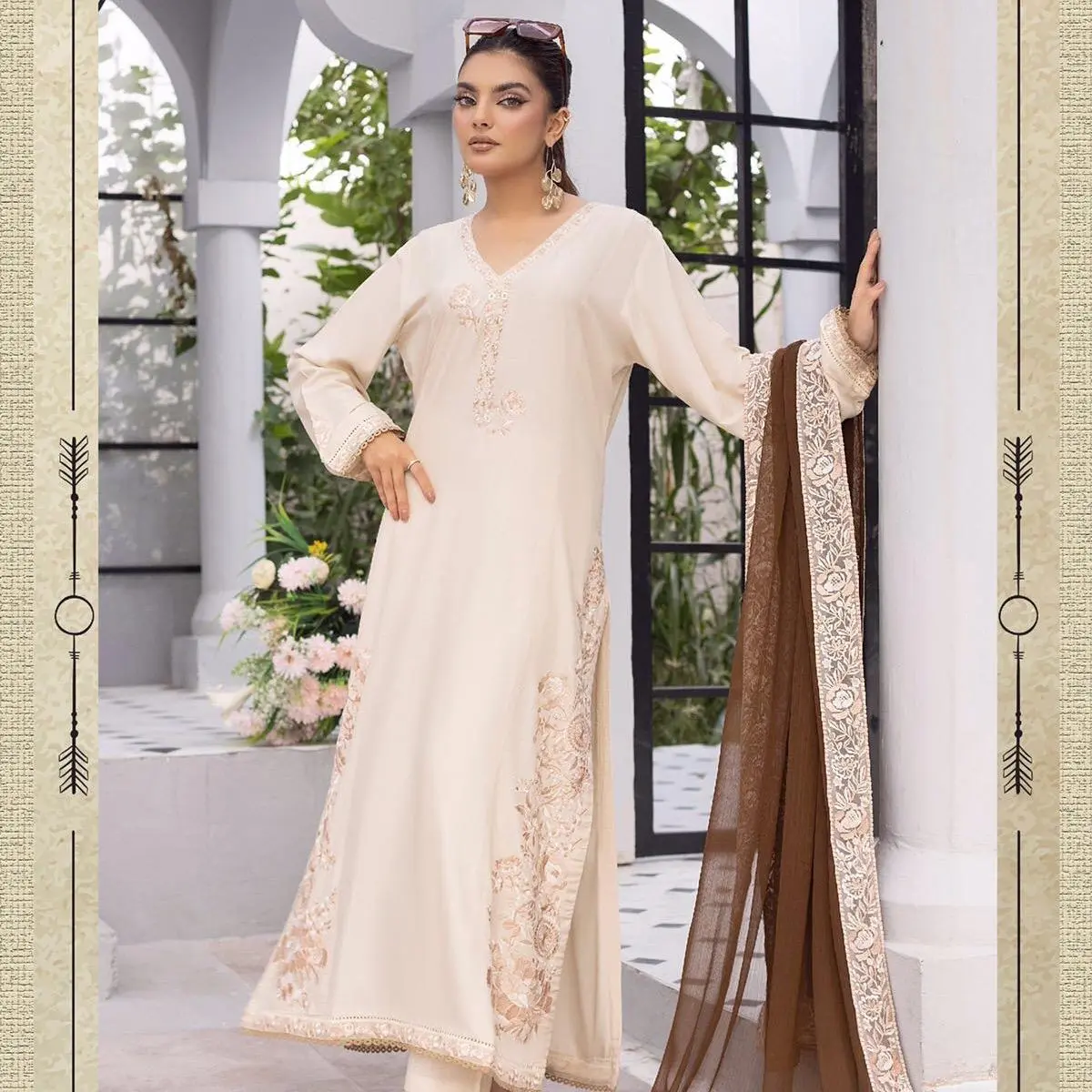Simrans Off White Stitched Dress | Ethnic Lux Linen Embroidered Dress | Stitched by Rang